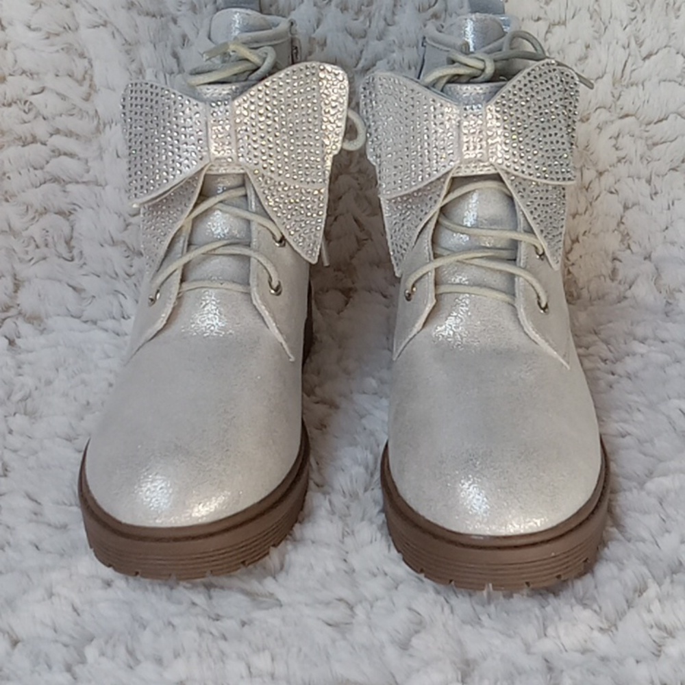 Girl's Glitter Ankle Combat boots  Rhinestone Bowtie Side Zipper Size 4